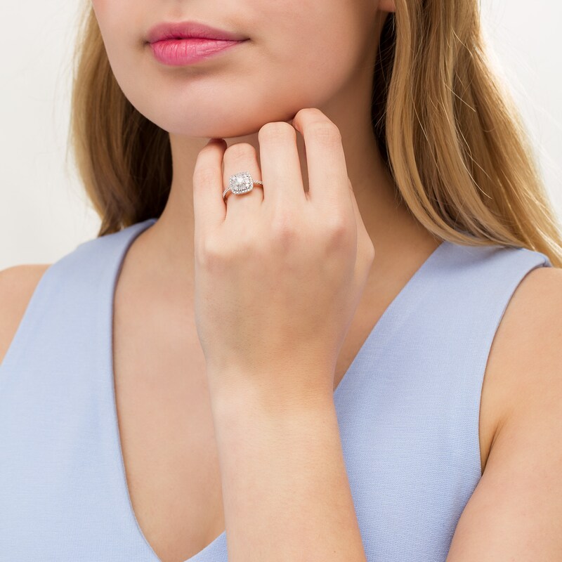 Main Image 2 of 3/4 CT. T.W. Baguette and Round Diamond Cushion Frame Ring in 10K Rose Gold