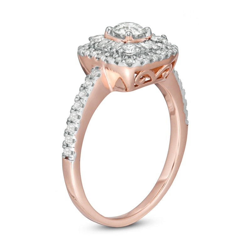 Main Image 3 of 3/4 CT. T.W. Baguette and Round Diamond Cushion Frame Ring in 10K Rose Gold