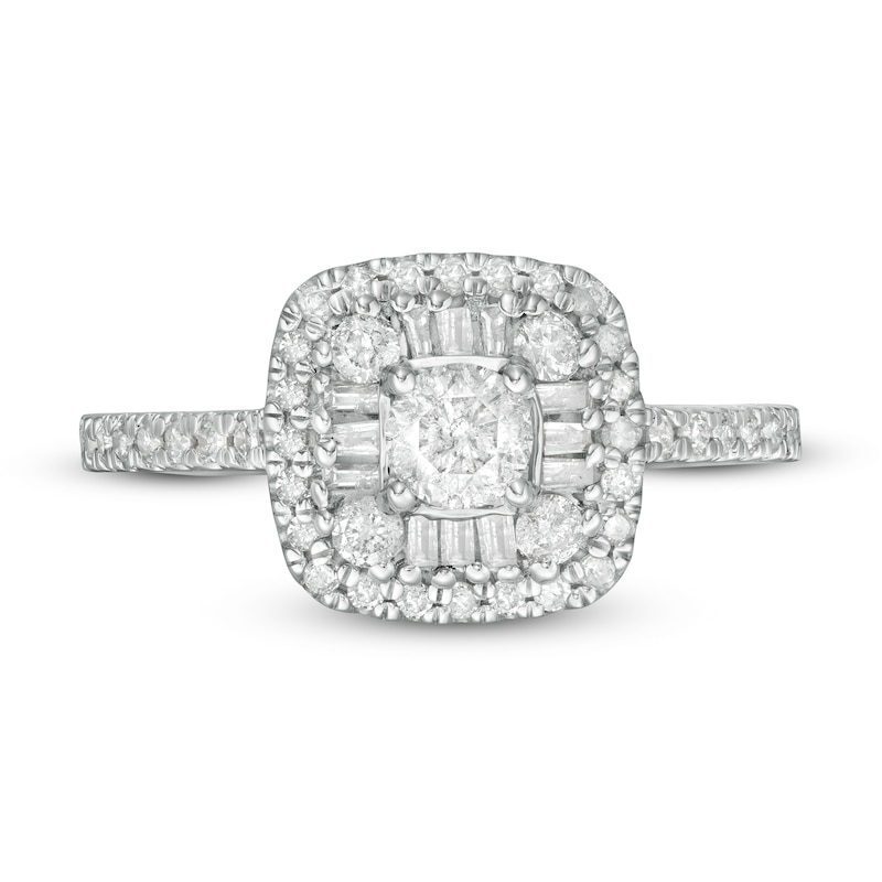 Main Image 4 of 3/4 CT. T.W. Baguette and Round Diamond Cushion Frame Ring in 10K Rose Gold