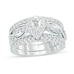 1 CT. T.W. Pear-Shaped Diamond Frame Twist Shank Vintage-Style Bridal Set in 14K White Gold
