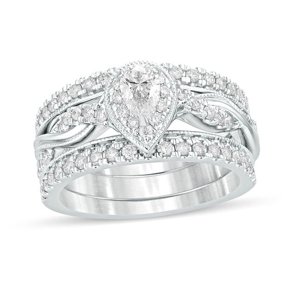 1 CT. T.w. Pear-Shaped Diamond Frame Twist Shank Vintage-Style Bridal Set in 14K White Gold