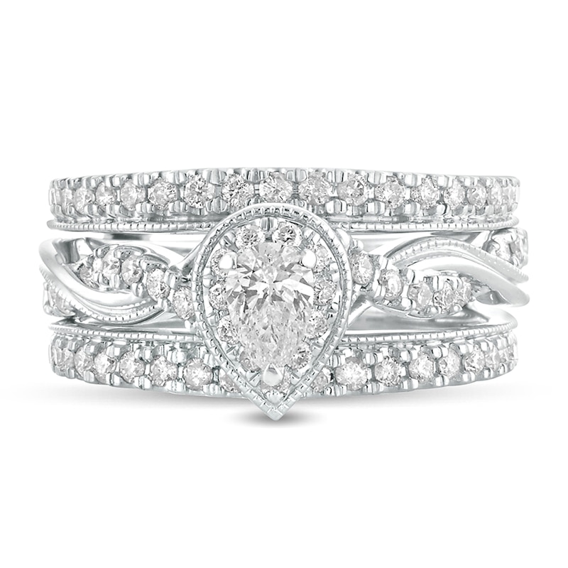 1 CT. T.W. Pear-Shaped Diamond Frame Twist Shank Vintage-Style Bridal Set in 14K White Gold