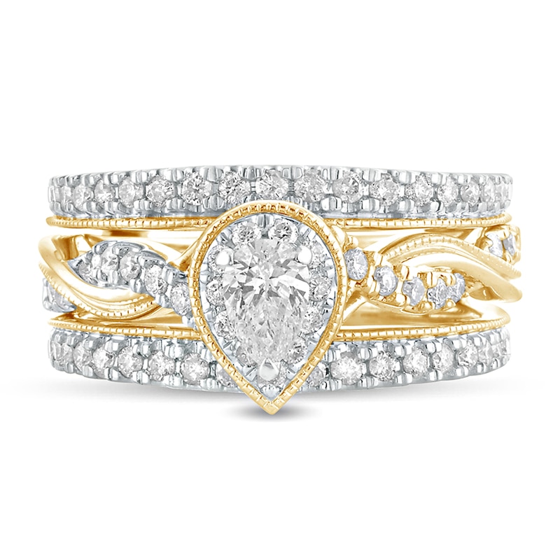 Main Image 3 of 1 CT. T.W. Pear-Shaped Diamond Frame Twist Shank Vintage-Style Bridal Set in 14K Gold