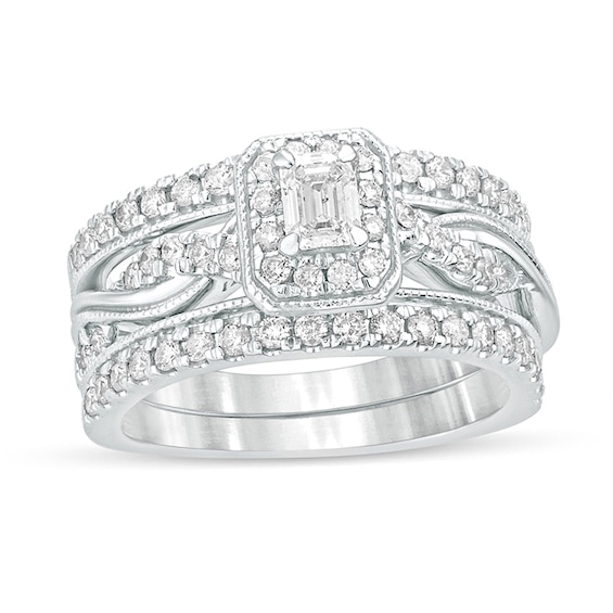 1 CT. T.w. Emerald-Cut Diamond Frame Twist Shank Vintage-Style Bridal Set in 14K White Gold