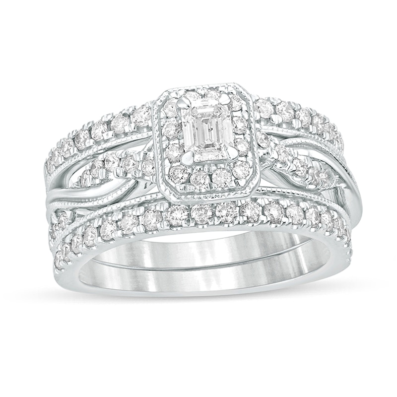 Main Image 1 of 1 CT. T.W. Emerald-Cut Diamond Frame Twist Shank Vintage-Style Bridal Set in 14K White Gold