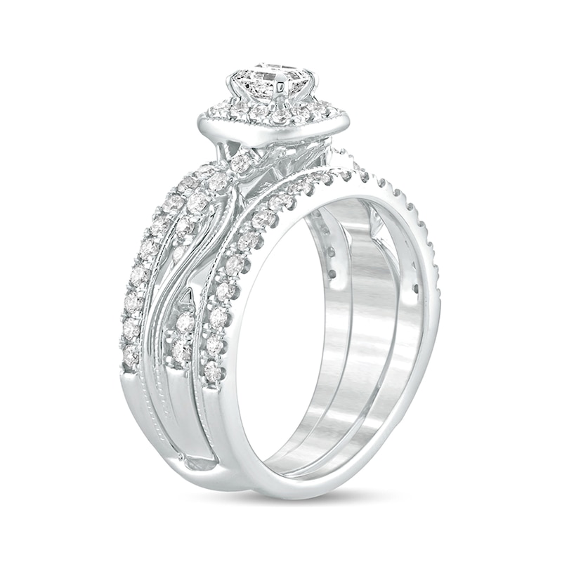 Main Image 2 of 1 CT. T.W. Emerald-Cut Diamond Frame Twist Shank Vintage-Style Bridal Set in 14K White Gold