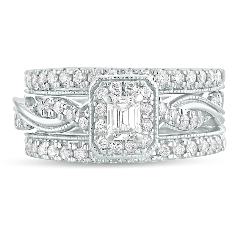 Main Image 3 of 1 CT. T.W. Emerald-Cut Diamond Frame Twist Shank Vintage-Style Bridal Set in 14K White Gold