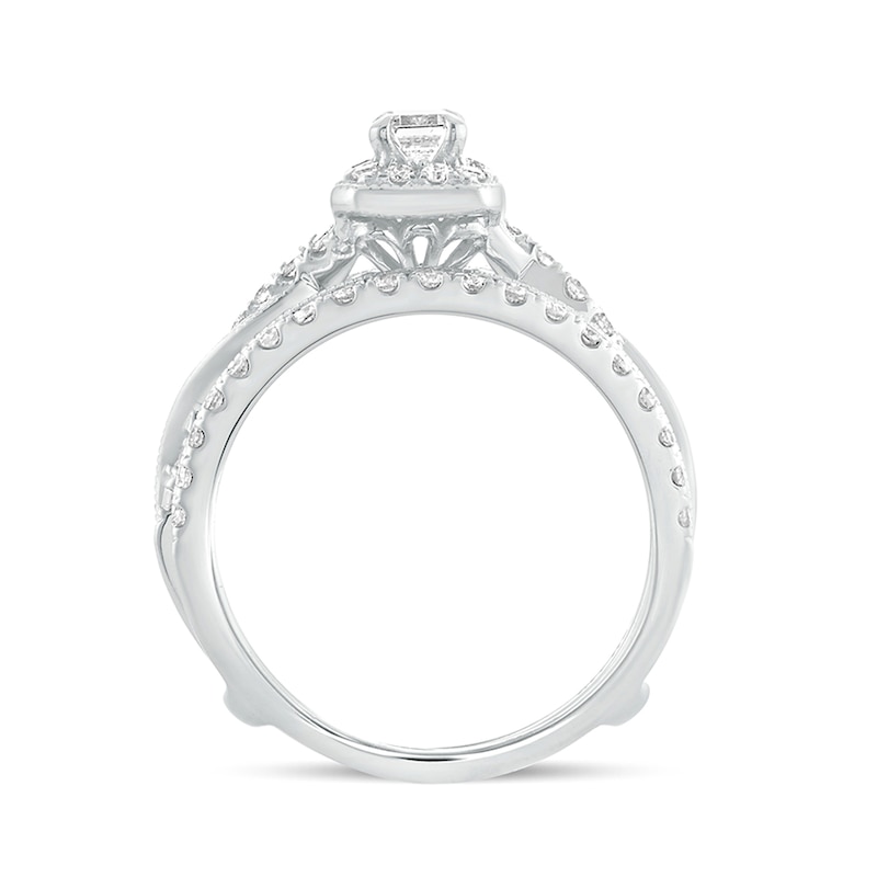 Main Image 4 of 1 CT. T.W. Emerald-Cut Diamond Frame Twist Shank Vintage-Style Bridal Set in 14K White Gold