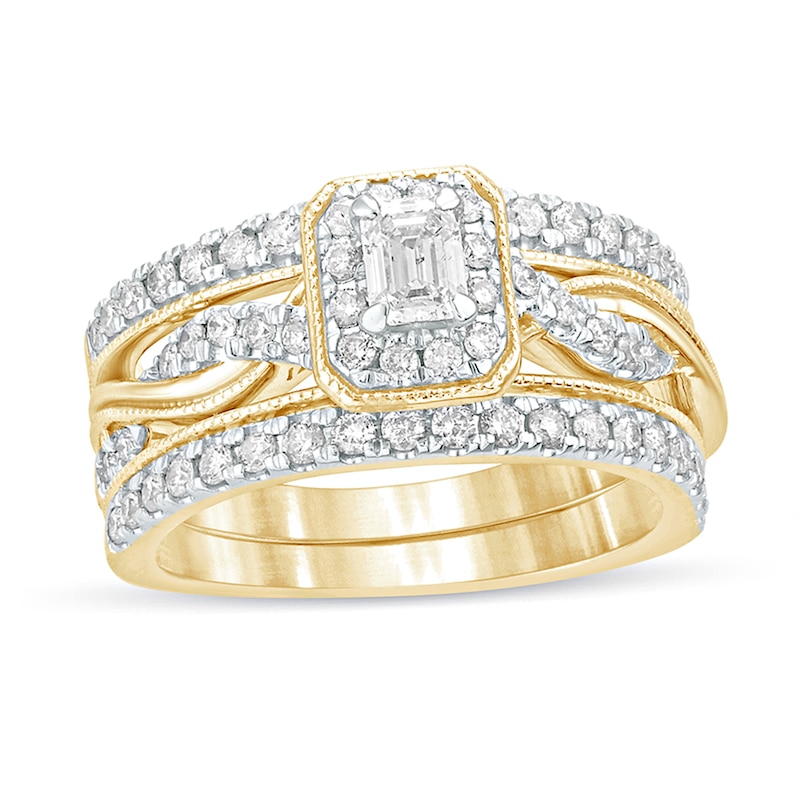 Main Image 1 of 1 CT. T.W. Emerald-Cut Diamond Frame Twist Shank Vintage-Style Bridal Set in 14K Gold