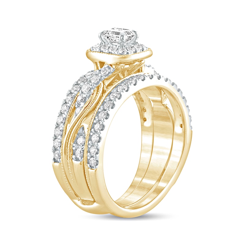 Main Image 2 of 1 CT. T.W. Emerald-Cut Diamond Frame Twist Shank Vintage-Style Bridal Set in 14K Gold