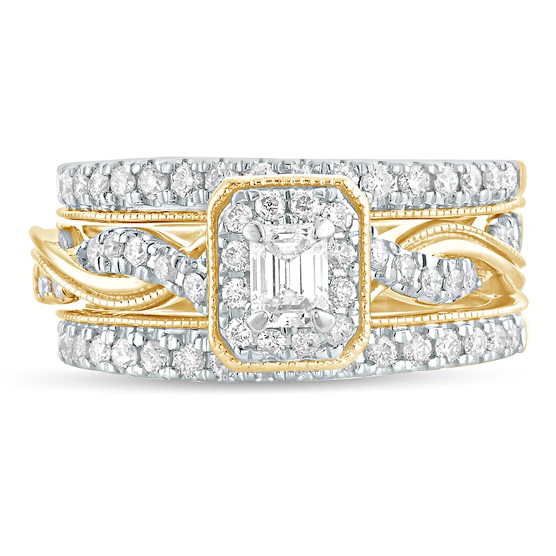 Main Image 3 of 1 CT. T.W. Emerald-Cut Diamond Frame Twist Shank Vintage-Style Bridal Set in 14K Gold