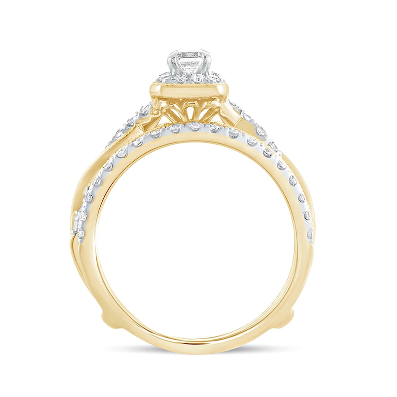Main Image 4 of 1 CT. T.W. Emerald-Cut Diamond Frame Twist Shank Vintage-Style Bridal Set in 14K Gold