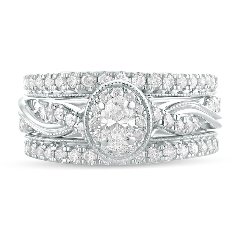 Main Image 3 of 1 CT. T.W. Oval Diamond Frame Twist Shank Vintage-Style Bridal Set in 14K White Gold