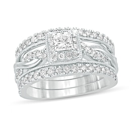 1 CT. T.W. Princess-Cut Diamond Frame Twist Shank Vintage-Style Bridal Set in 14K White Gold