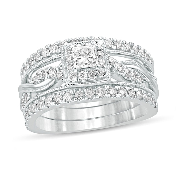 1 CT. T.w. Princess-Cut Diamond Frame Twist Shank Vintage-Style Bridal Set in 14K White Gold