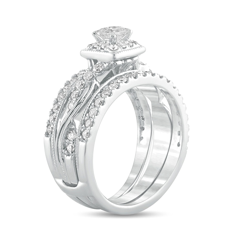Main Image 2 of 1 CT. T.W. Princess-Cut Diamond Frame Twist Shank Vintage-Style Bridal Set in 14K White Gold