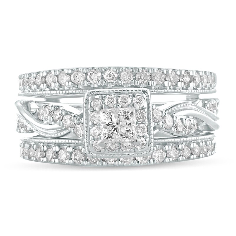 Main Image 3 of 1 CT. T.W. Princess-Cut Diamond Frame Twist Shank Vintage-Style Bridal Set in 14K White Gold