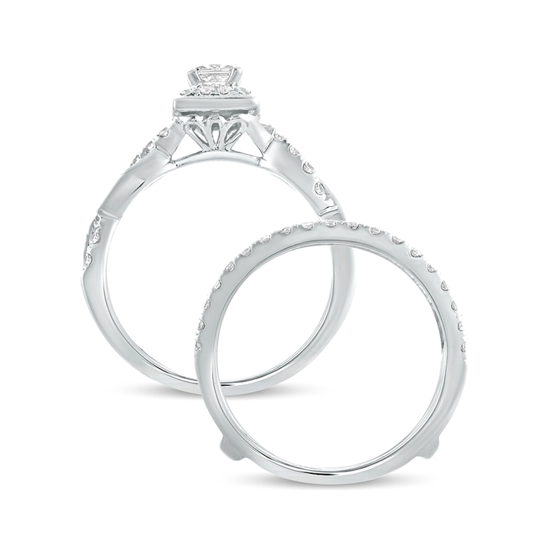 Main Image 4 of 1 CT. T.W. Princess-Cut Diamond Frame Twist Shank Vintage-Style Bridal Set in 14K White Gold