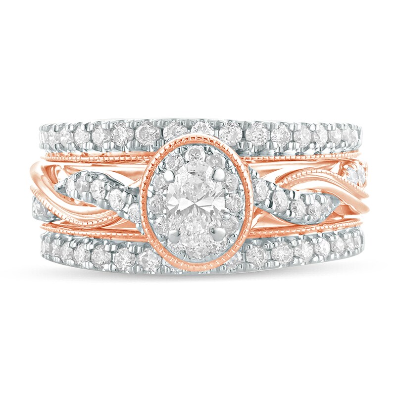 Main Image 3 of 1 CT. T.W. Oval Diamond Frame Twist Shank Vintage-Style Bridal Set in 14K Rose Gold