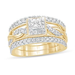 1 CT. T.W. Princess-Cut Diamond Frame Twist Shank Vintage-Style Bridal Set in 14K Gold