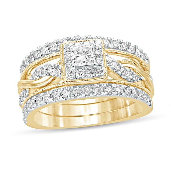 1 CT. T.w. Princess-Cut Diamond Frame Twist Shank Vintage-Style Bridal Set in 14K Gold