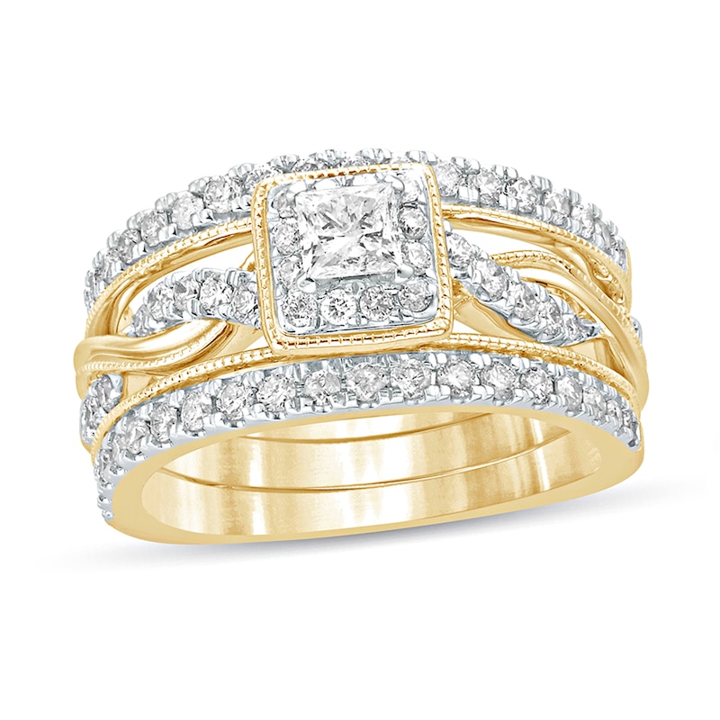 Main Image 1 of 1 CT. T.W. Princess-Cut Diamond Frame Twist Shank Vintage-Style Bridal Set in 14K Gold