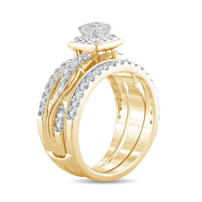 Main Image 2 of 1 CT. T.W. Princess-Cut Diamond Frame Twist Shank Vintage-Style Bridal Set in 14K Gold