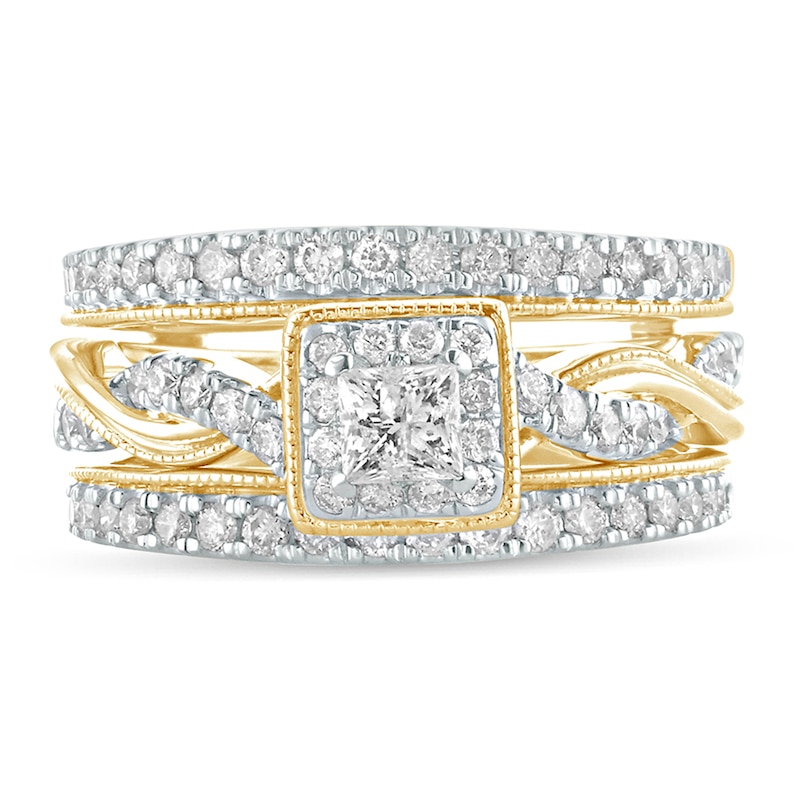1 CT. T.W. Princess-Cut Diamond Frame Twist Shank Vintage-Style Bridal Set in 14K Gold