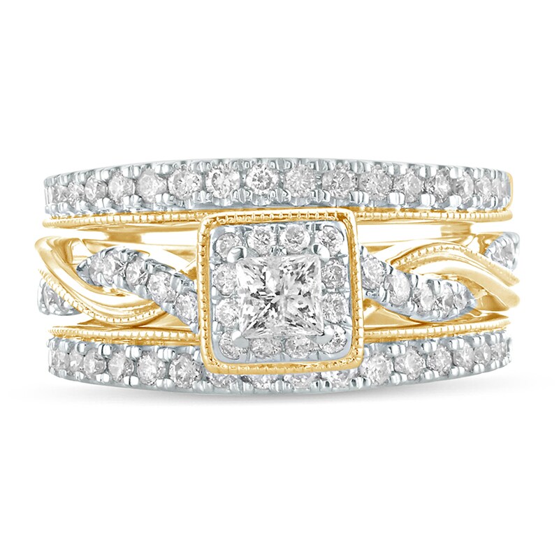 Main Image 3 of 1 CT. T.W. Princess-Cut Diamond Frame Twist Shank Vintage-Style Bridal Set in 14K Gold