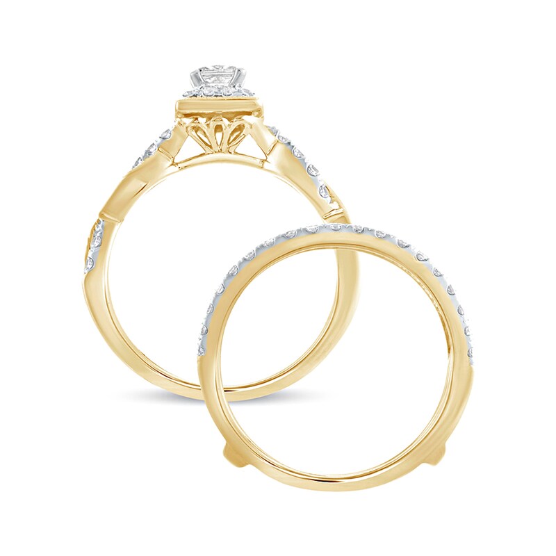 Main Image 4 of 1 CT. T.W. Princess-Cut Diamond Frame Twist Shank Vintage-Style Bridal Set in 14K Gold