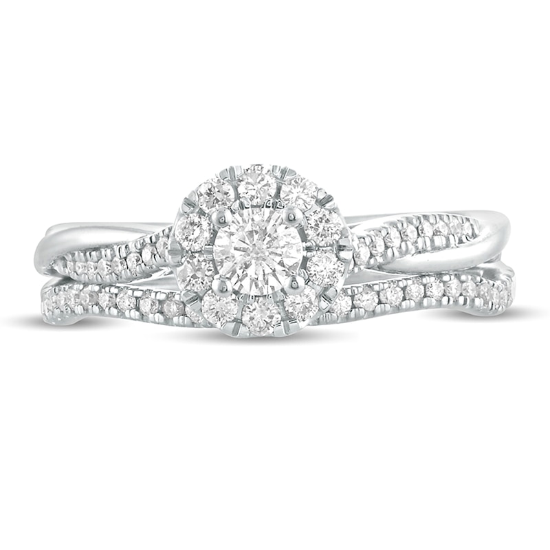 Main Image 3 of 1/2 CT. T.W. Diamond Frame Twist Shank Bridal Set in 10K White Gold