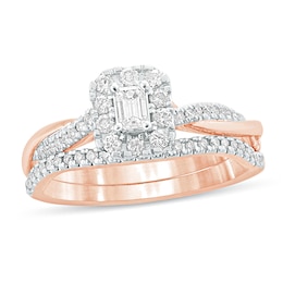 1/2 CT. T.W. Emerald-Cut Diamond Frame Twist Shank Bridal Set in 10K Rose Gold