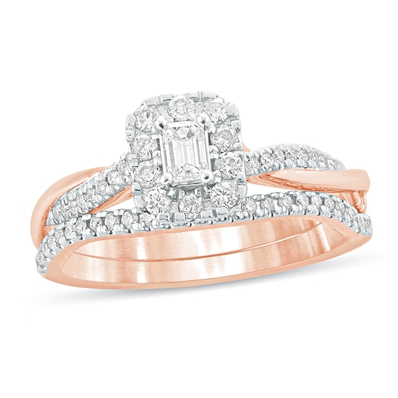 1/2 CT. T.w. Emerald-Cut Diamond Frame Twist Shank Bridal Set in 10K Rose Gold
