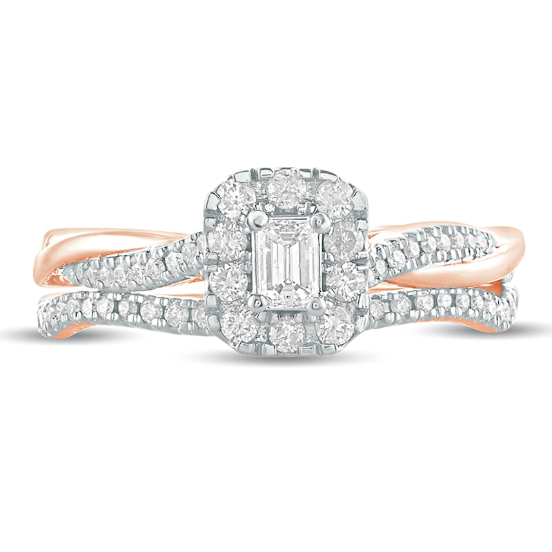 Main Image 3 of 1/2 CT. T.W. Emerald-Cut Diamond Frame Twist Shank Bridal Set in 10K Rose Gold