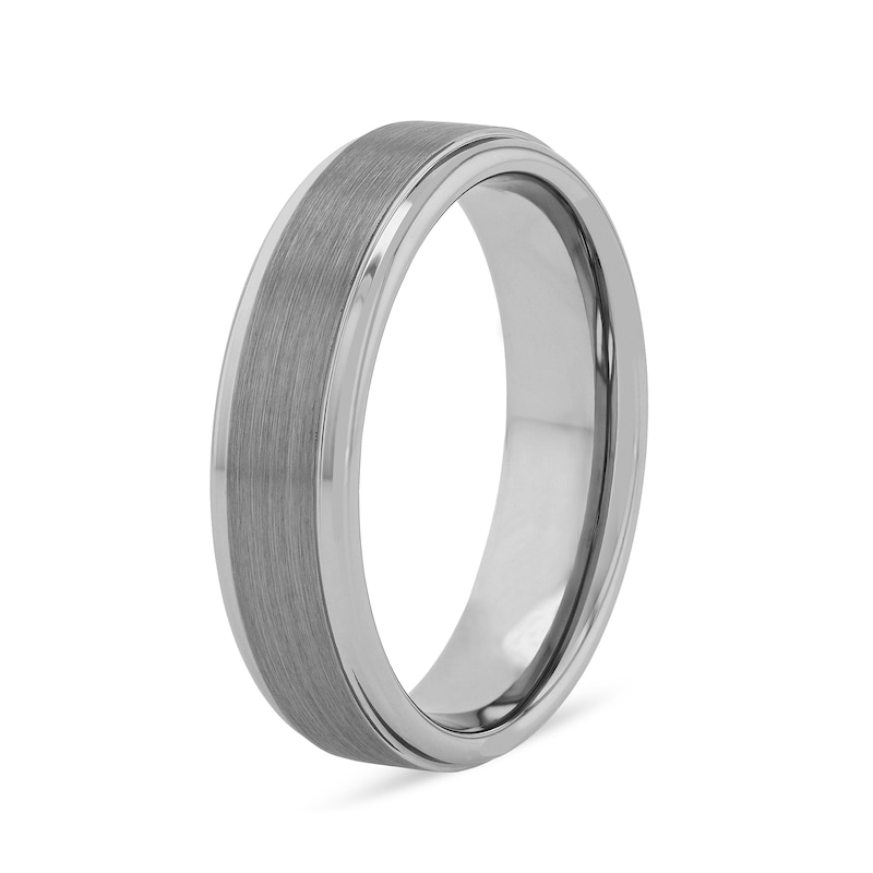 Men's 6.0mm Brushed Inlay Stepped Edge Comfort-Fit Engravable Wedding Band in Black, White or Grey Tungsten (1 Line)