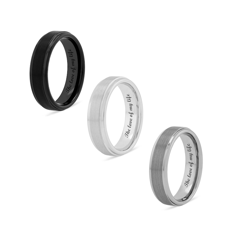 Men's 6.0mm Brushed Inlay Stepped Edge Comfort-Fit Engravable Wedding Band in Black, White or Grey Tungsten (1 Line)