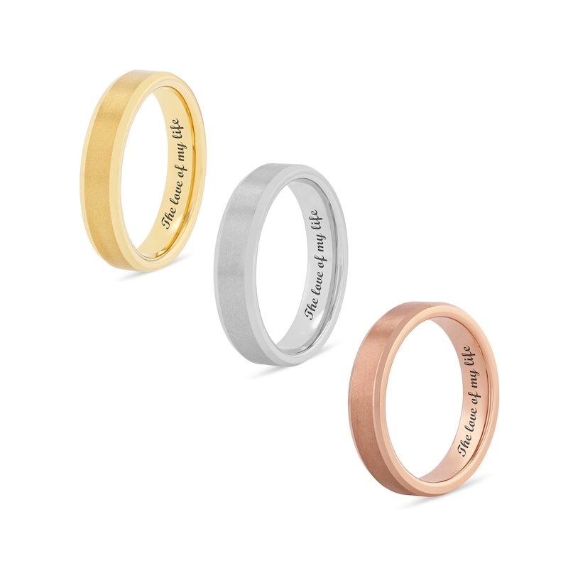 Men's 5.0mm Brushed Inlay Beveled Edge Comfort-Fit Engravable Wedding Band in White, Yellow or Rose Tungsten (1 Line)