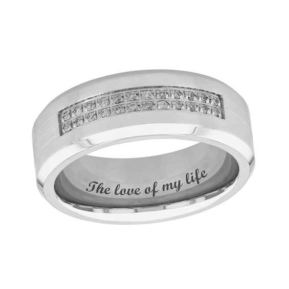 1/8 CT. T.w. Diamond Double Row Satin Inlay Comfort-Fit Wedding Band in Stainless Steel and Cobalt (1 Line)