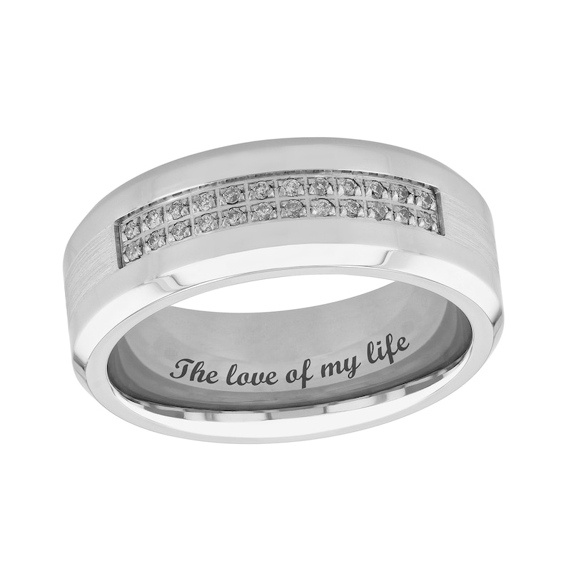 Main Image 1 of Men's 1/8 CT. T.W. Diamond Double Row Satin Inlay Comfort-Fit Wedding Band in Stainless Steel and Cobalt (1 Line)