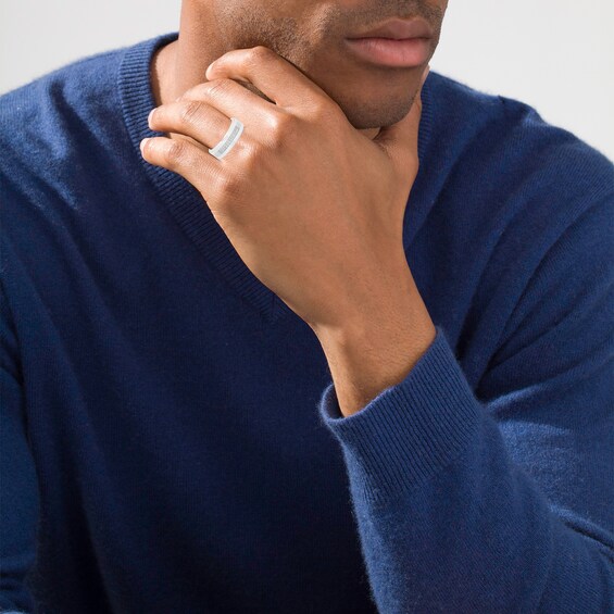 1/8 CT. T.w. Diamond Double Row Satin Inlay Comfort-Fit Wedding Band in Stainless Steel and Cobalt (1 Line)