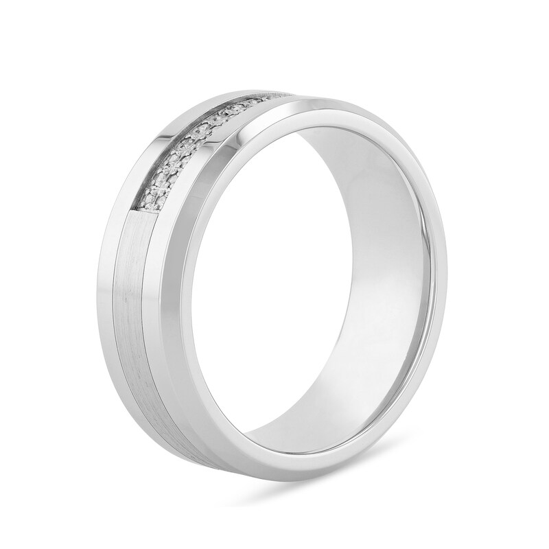 Main Image 3 of Men's 1/8 CT. T.W. Diamond Double Row Satin Inlay Comfort-Fit Wedding Band in Stainless Steel and Cobalt (1 Line)