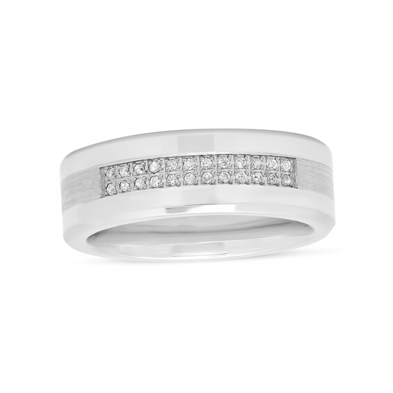 1/8 CT. T.w. Diamond Double Row Satin Inlay Comfort-Fit Wedding Band in Stainless Steel and Cobalt (1 Line)