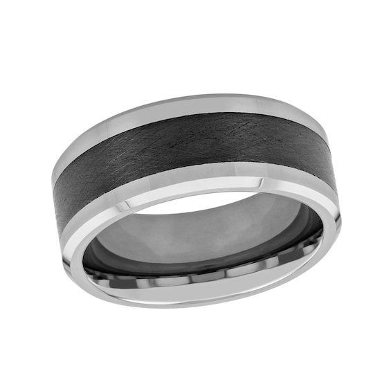 Men's 9.0mm Beveled Edge Comfort-Fit Engravable Wedding Band in Tungsten with Brushed Black Ceramic Inlay (1 Line)