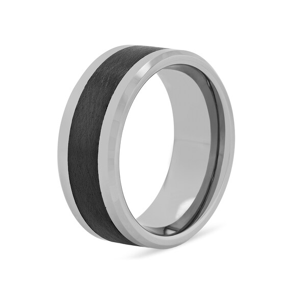 Men's 9.0mm Beveled Edge Comfort-Fit Engravable Wedding Band in Tungsten with Brushed Black Ceramic Inlay (1 Line)