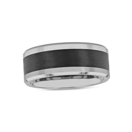 Men's 9.0mm Beveled Edge Comfort-Fit Engravable Wedding Band in Tungsten with Brushed Black Ceramic Inlay (1 Line)