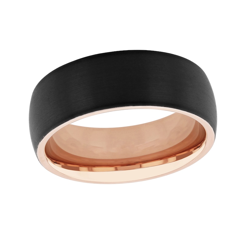 Men's 8.0mm Brushed Low Dome Comfort-Fit Engravable Wedding Band in Tungsten with Black and Rose IP (1 Line)