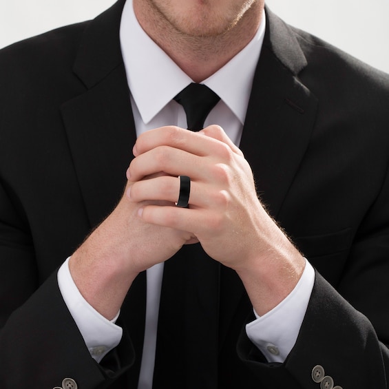 8.0mm Brushed Low Dome Comfort-Fit Engravable Wedding Band in Tungsten with Black and Rose IP (1 Line)