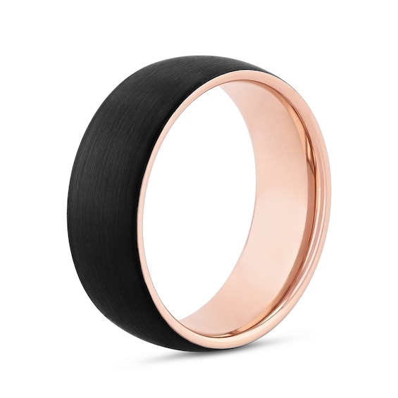 8.0mm Brushed Low Dome Comfort-Fit Engravable Wedding Band in Tungsten with Black and Rose IP (1 Line)