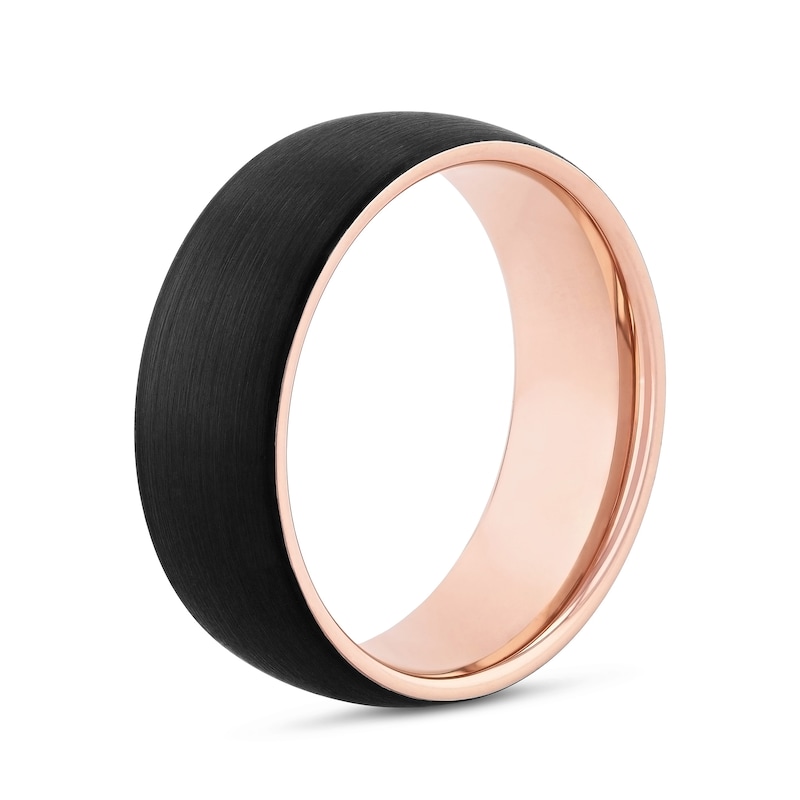 Men's 8.0mm Brushed Low Dome Comfort-Fit Engravable Wedding Band in Tungsten with Black and Rose IP (1 Line)