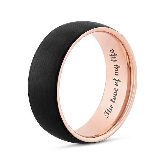 8.0mm Brushed Low Dome Comfort-Fit Engravable Wedding Band in Tungsten with Black and Rose IP (1 Line)